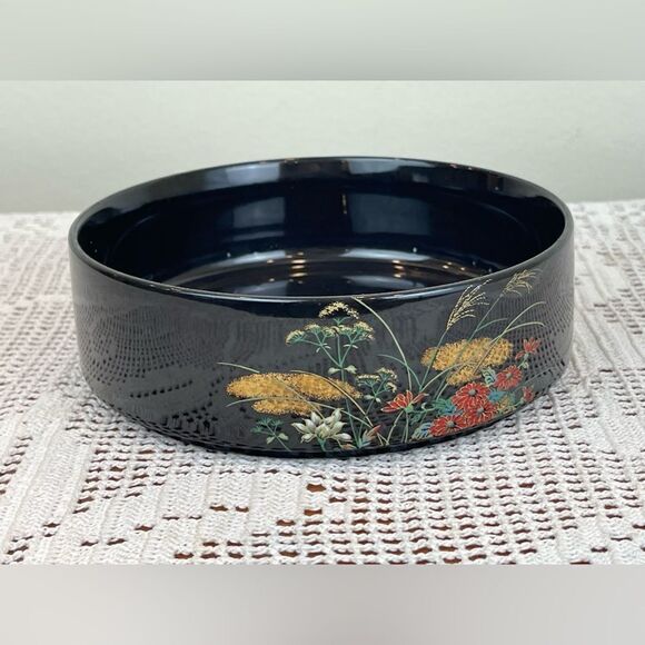 Vintage NAGONA JAPAN black and floral short round vase || Vintage trinket || - Picture 3 of 8